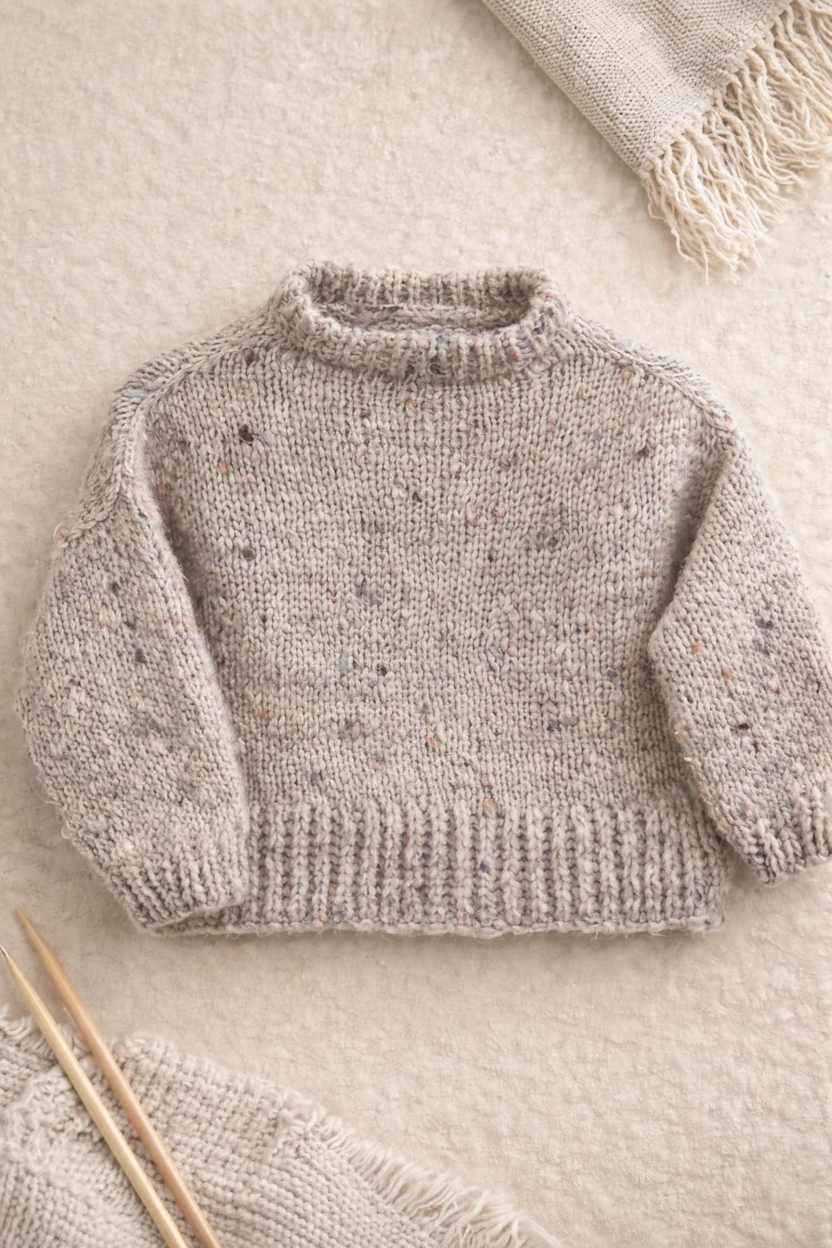 Knitted sweater on a textured surface with knitting needles and yarn.